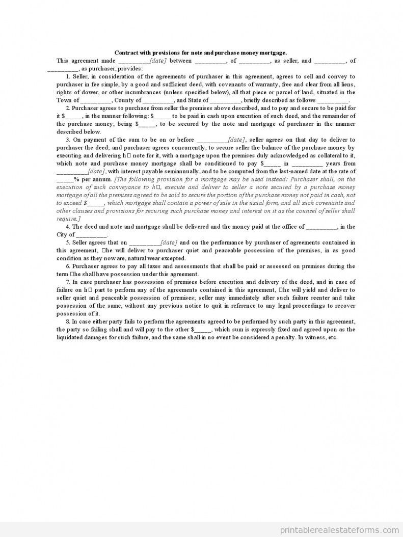 Contract with Provisions for Note and Purchase Money Mortgage