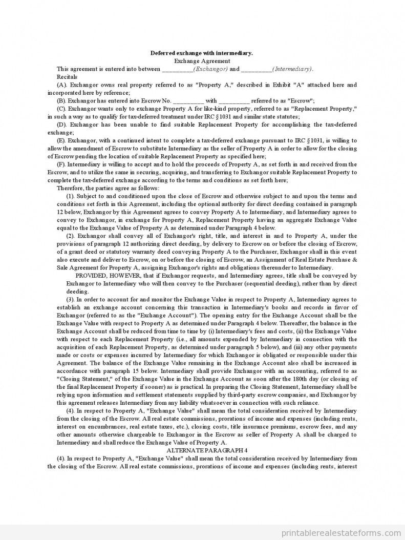 Deferred Exchange with Intermediary - Exchange Agreement