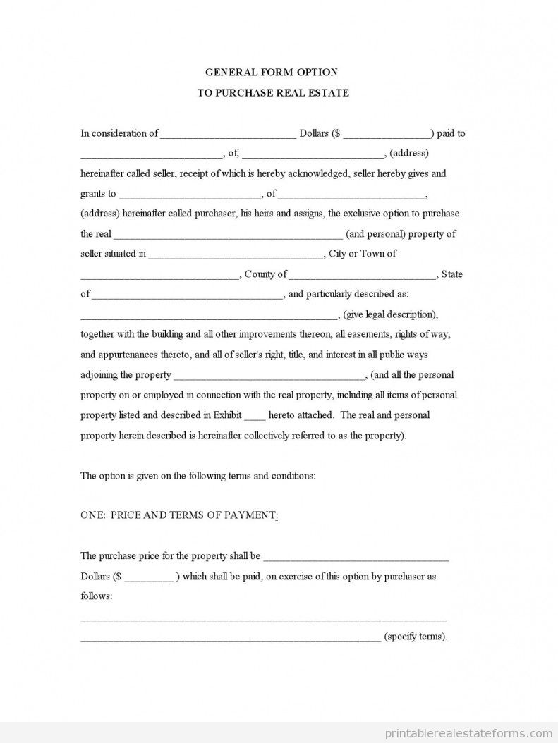 General Form Option to Purchase Real Estate