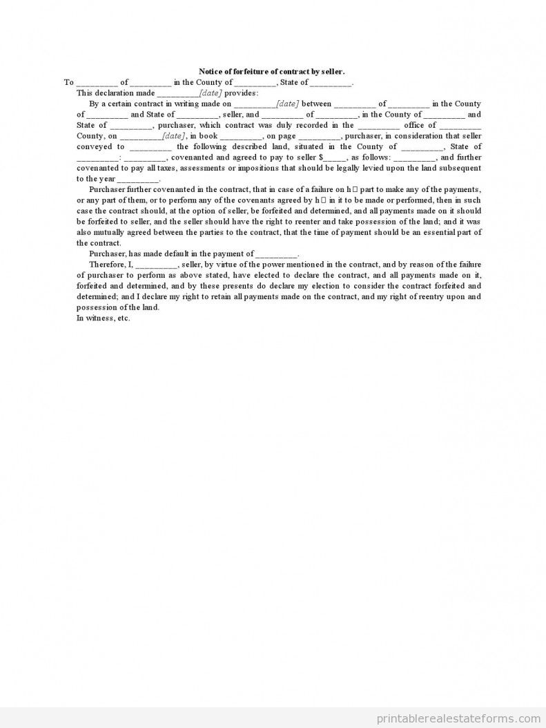Notice of Forfeiture of Contract by Seller