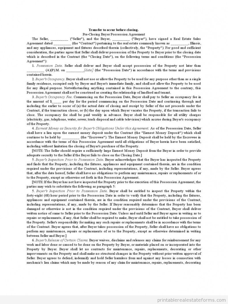 Transfer to Occur Before Closing