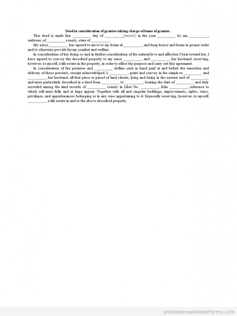 Deed in Consideration of Grantee Taking Charge of Home of G