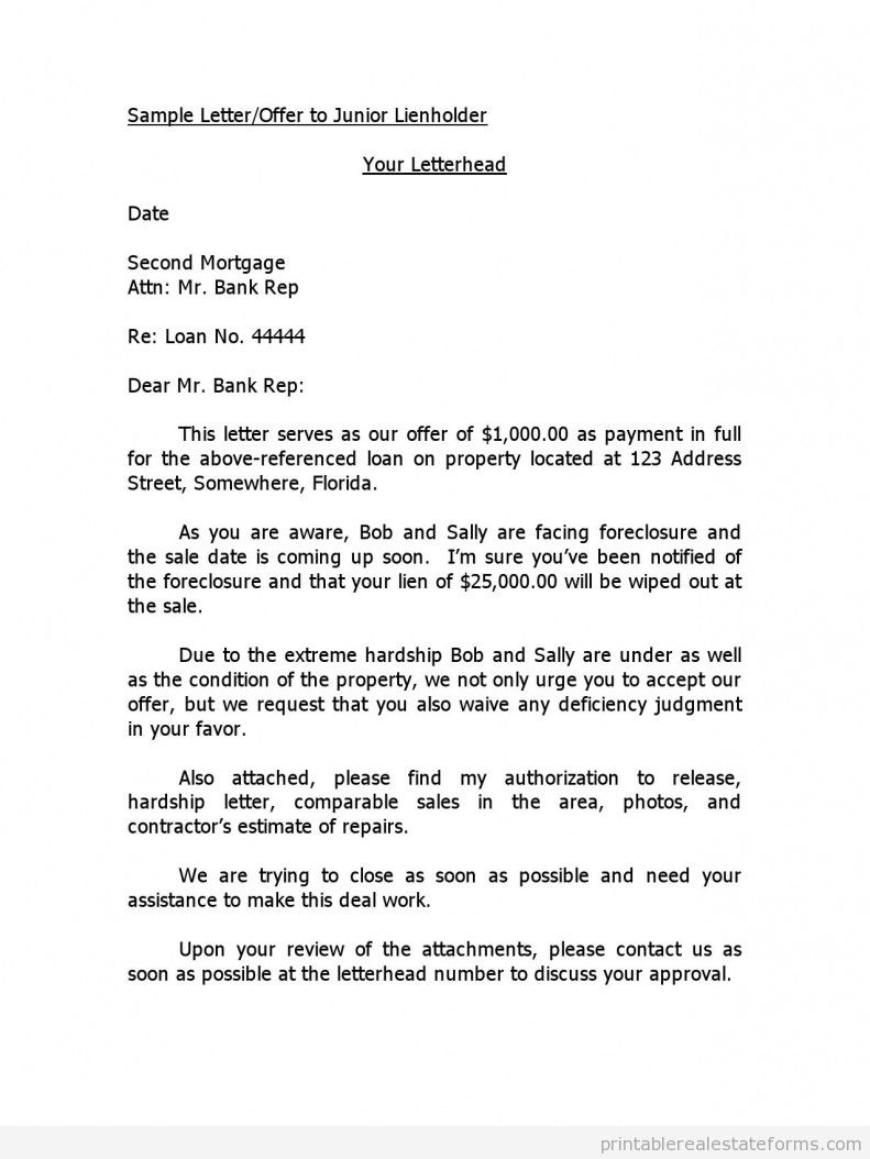 Sample Letter Offer to Junior Lienholder