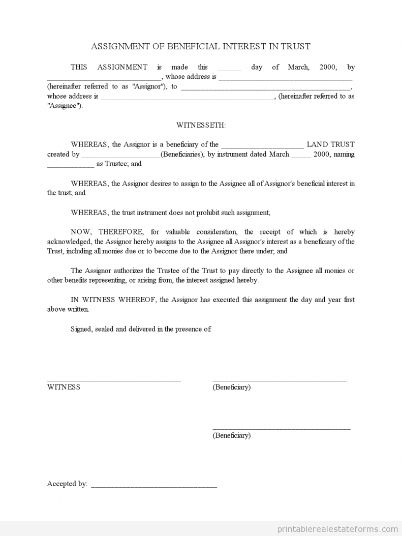 Assignment of Beneficial Interest in a Trust