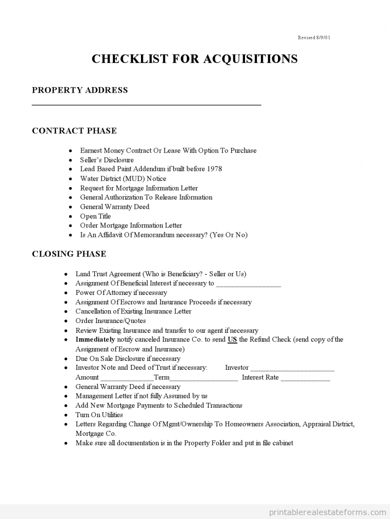 Checklist for Acquisitions