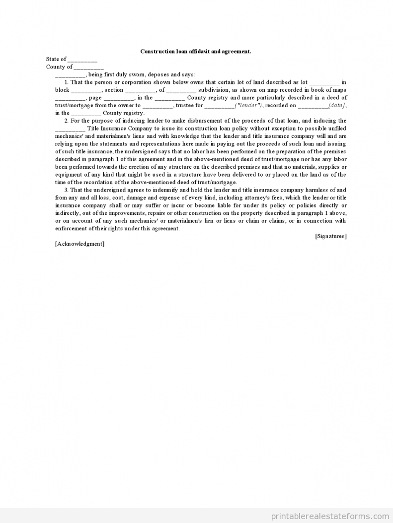 Construction Loan Affidavit and Agreement