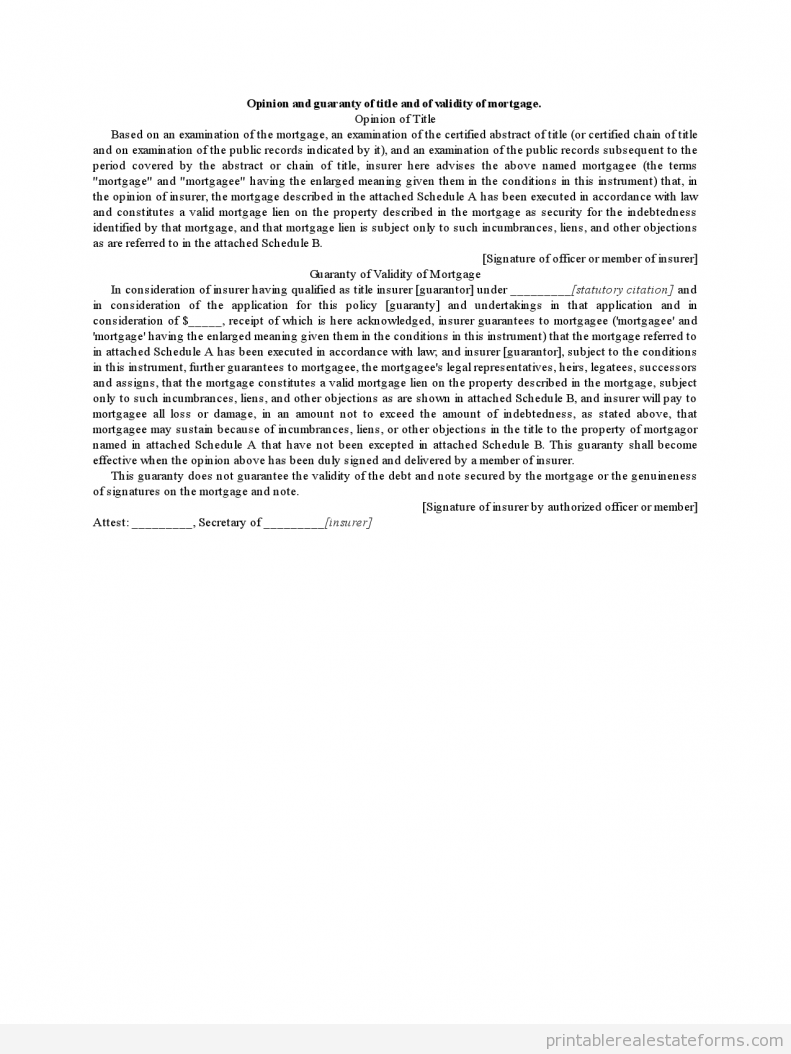 Opinion and Guaranty of Title and of Validity of Mortgage