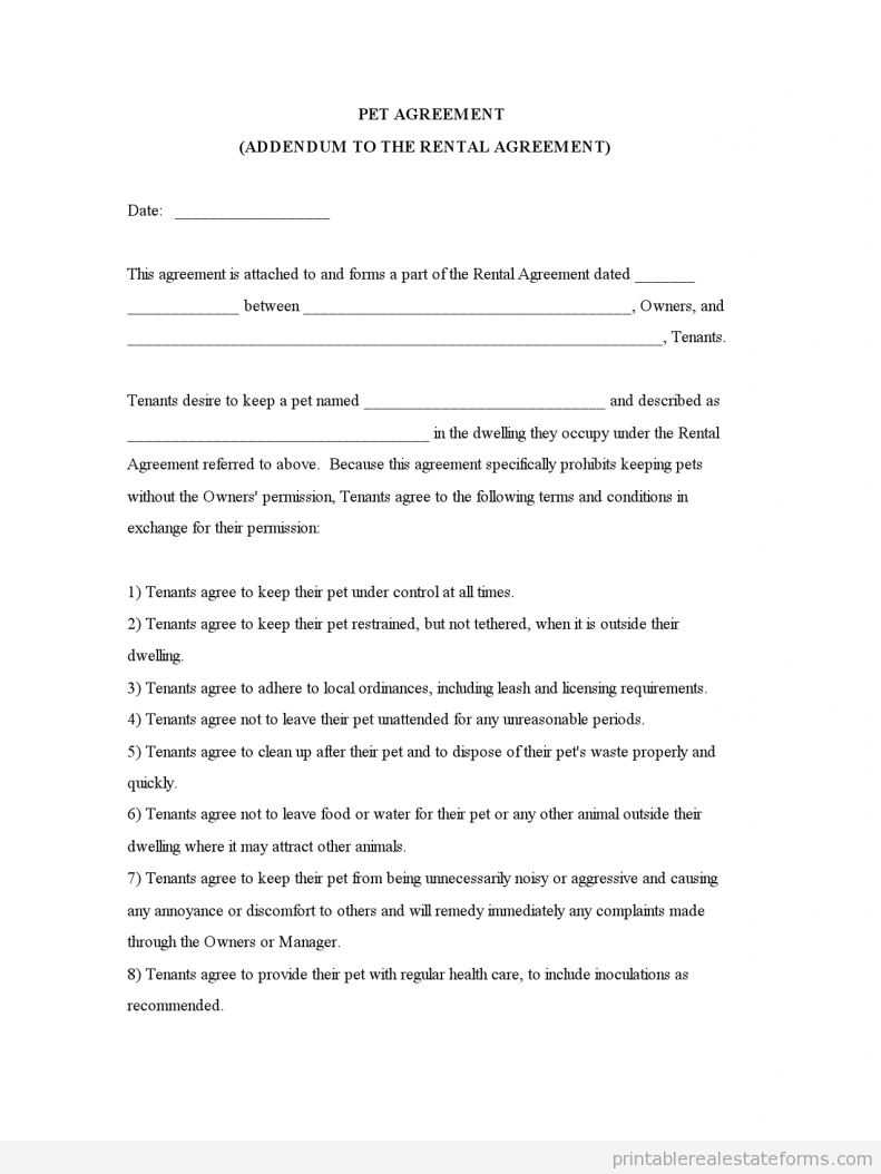 Pet Agreementm (Addendum to the Rental Agreement)