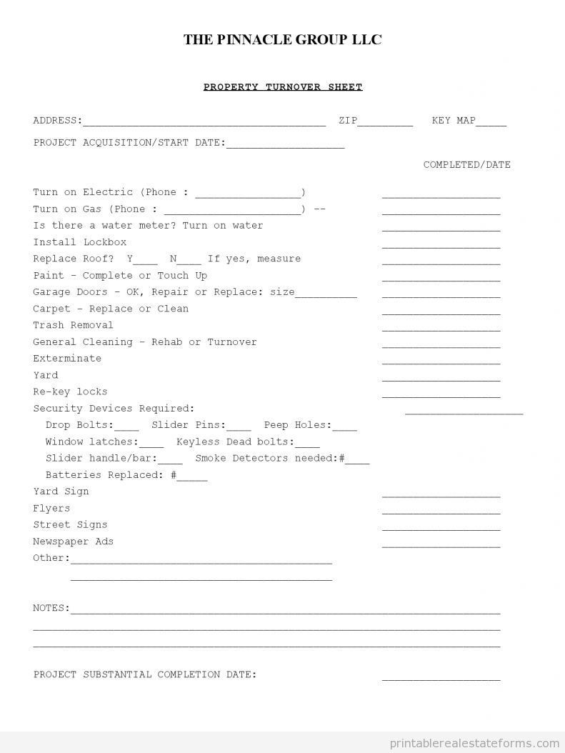 Property Turnover Sheet