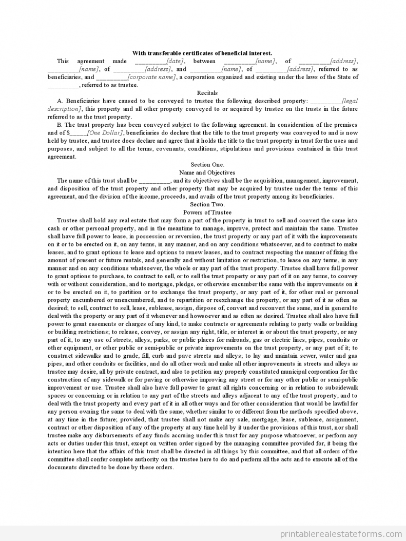 With Transferable Certificates of Beneficial Interest