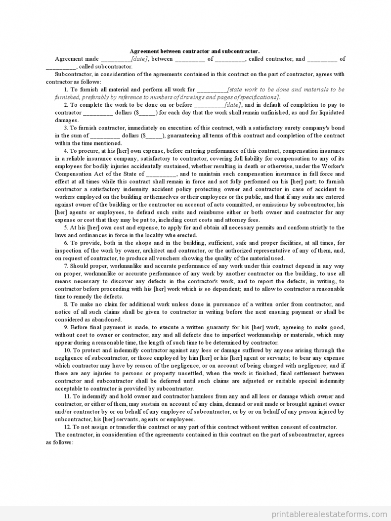 Agreement Between Contractor and Subcontractor