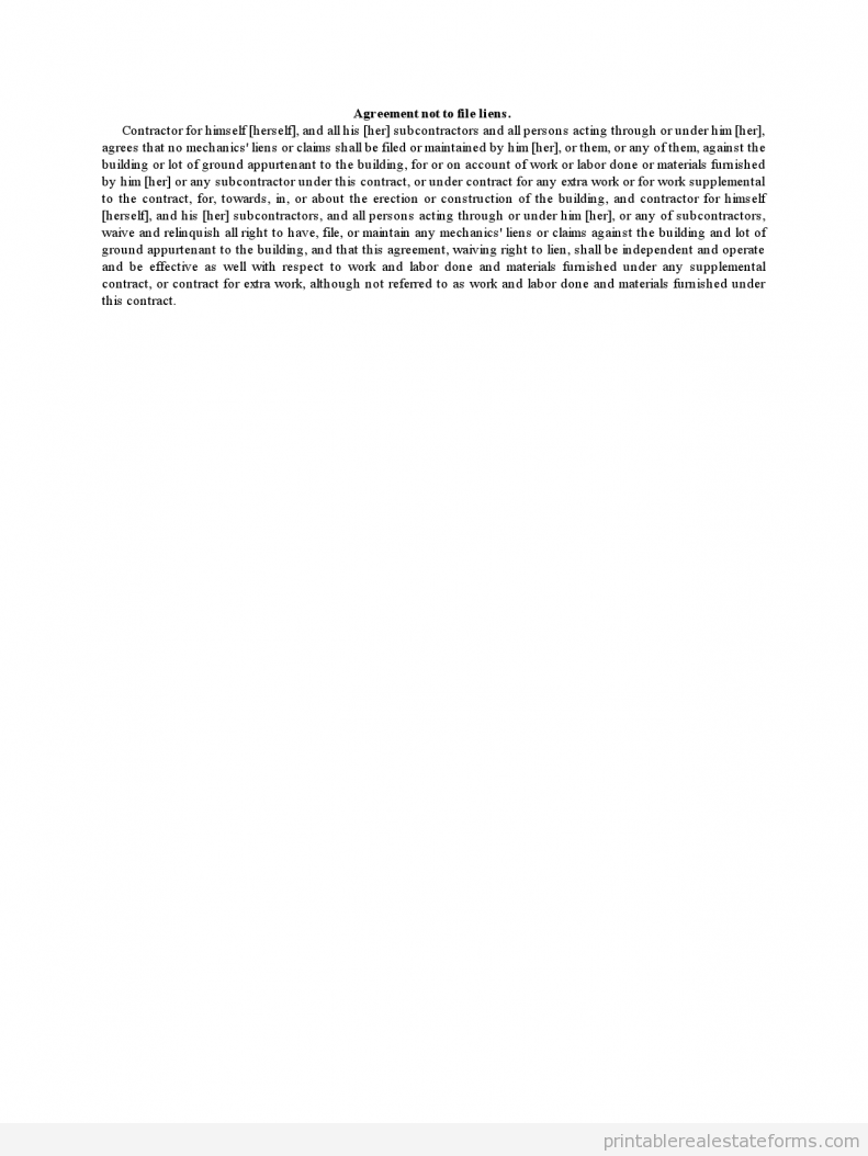 Agreement Not to File Liens