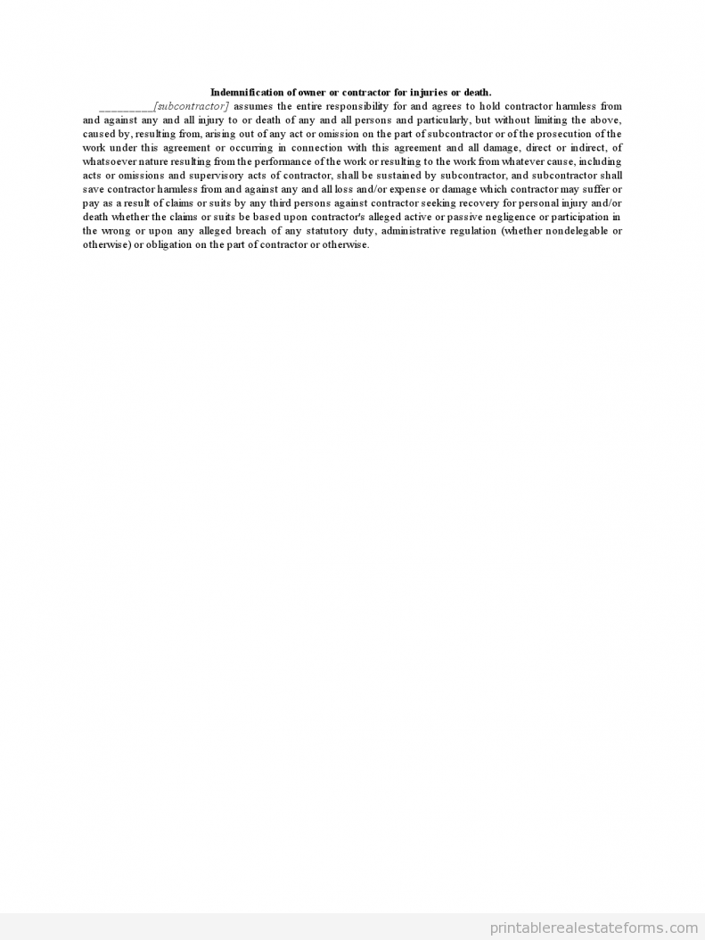 Indemnification of Owner Or Contractor for Injuries Or Death