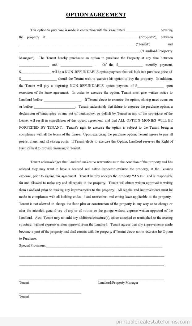 Option Agreement for Lease With Option to Buy