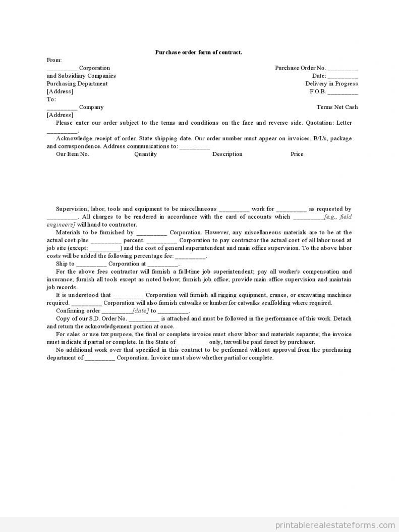 Purchase Order Form of Contract