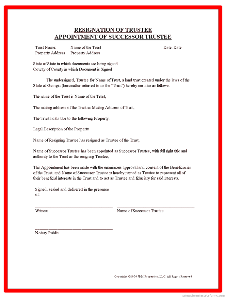 Sample Resignation Of Trustee And Appointment Of Successor Trustee Template Form