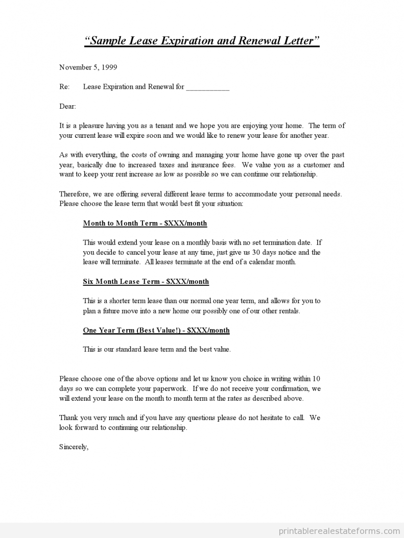 Sample Lease Expiration and Renewal Letter - Standard