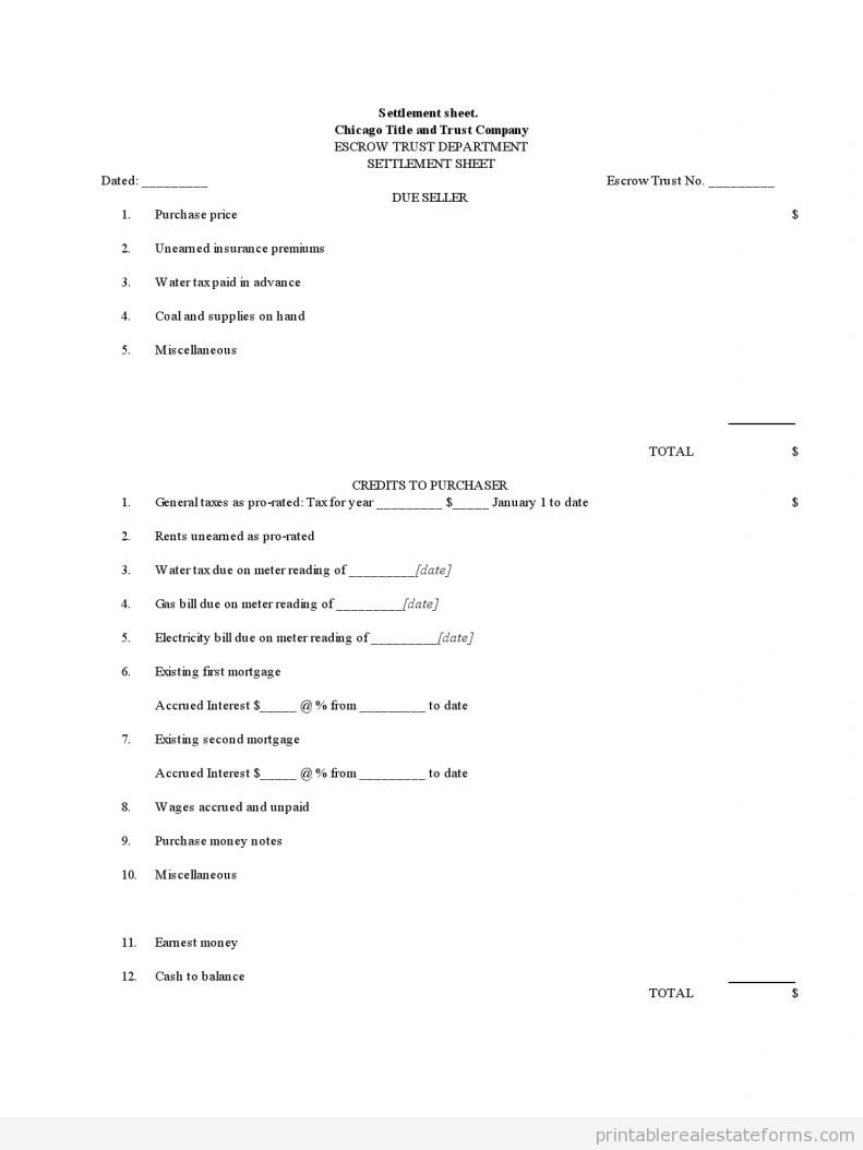 Settlement Sheet