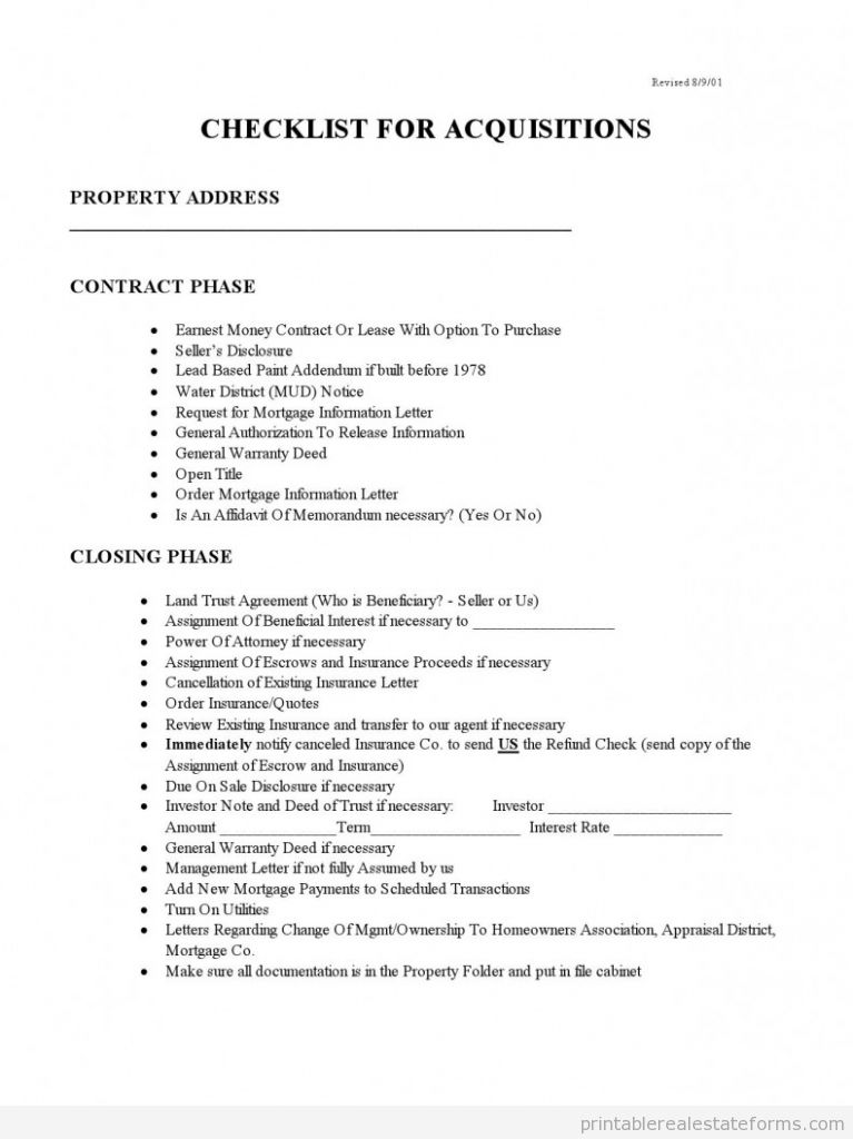 Checklist for Acquisitions