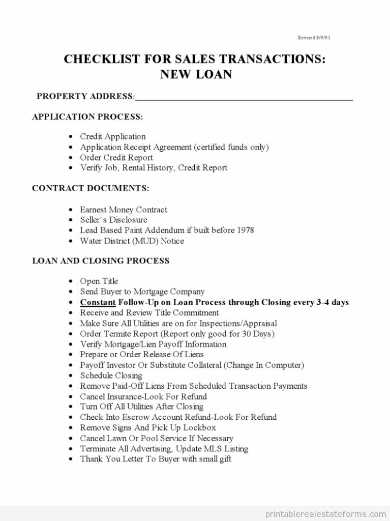 Checklist for Sales with New Loans