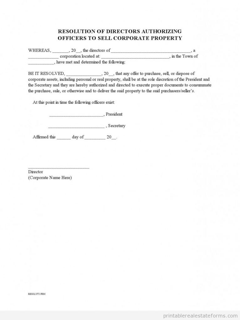 Corporate Resolution to Sell property
