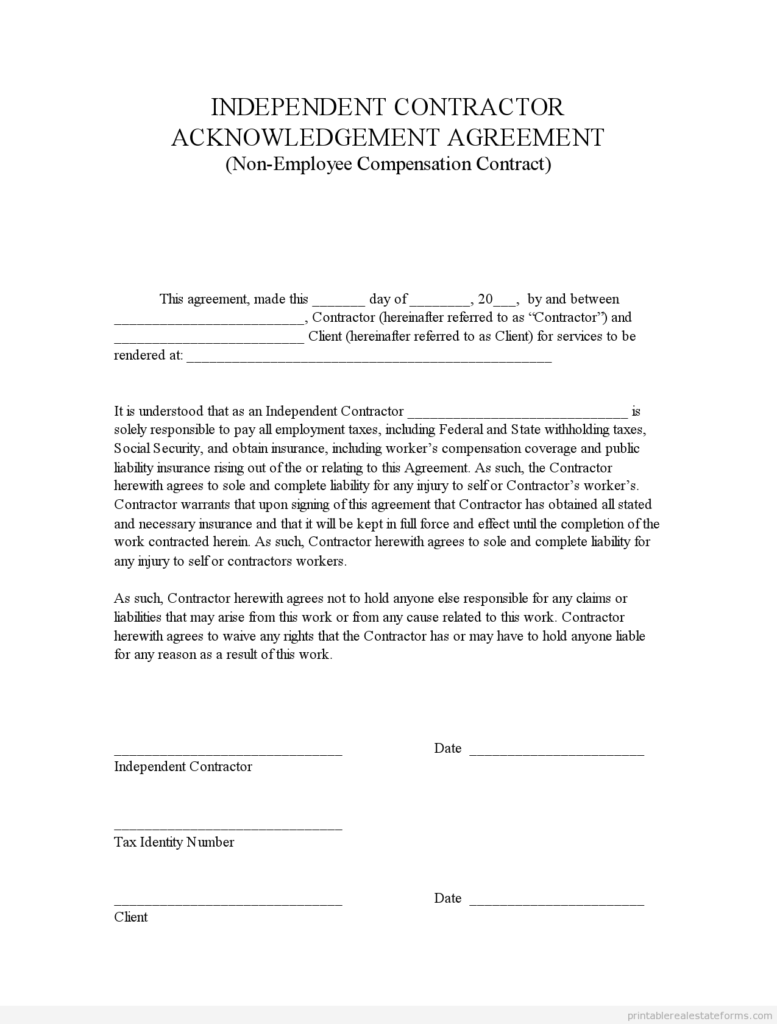 Indep Contractor Acknowledgement Agreement
