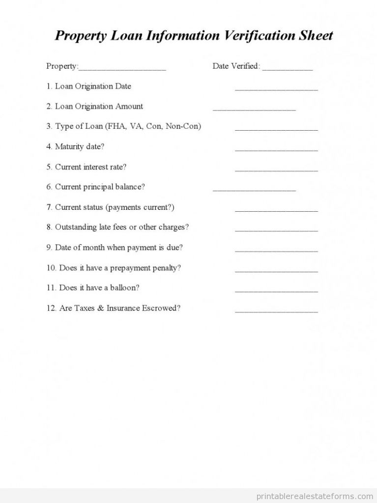 PROPERTY LOAN INFO VERIFICATION SHEET