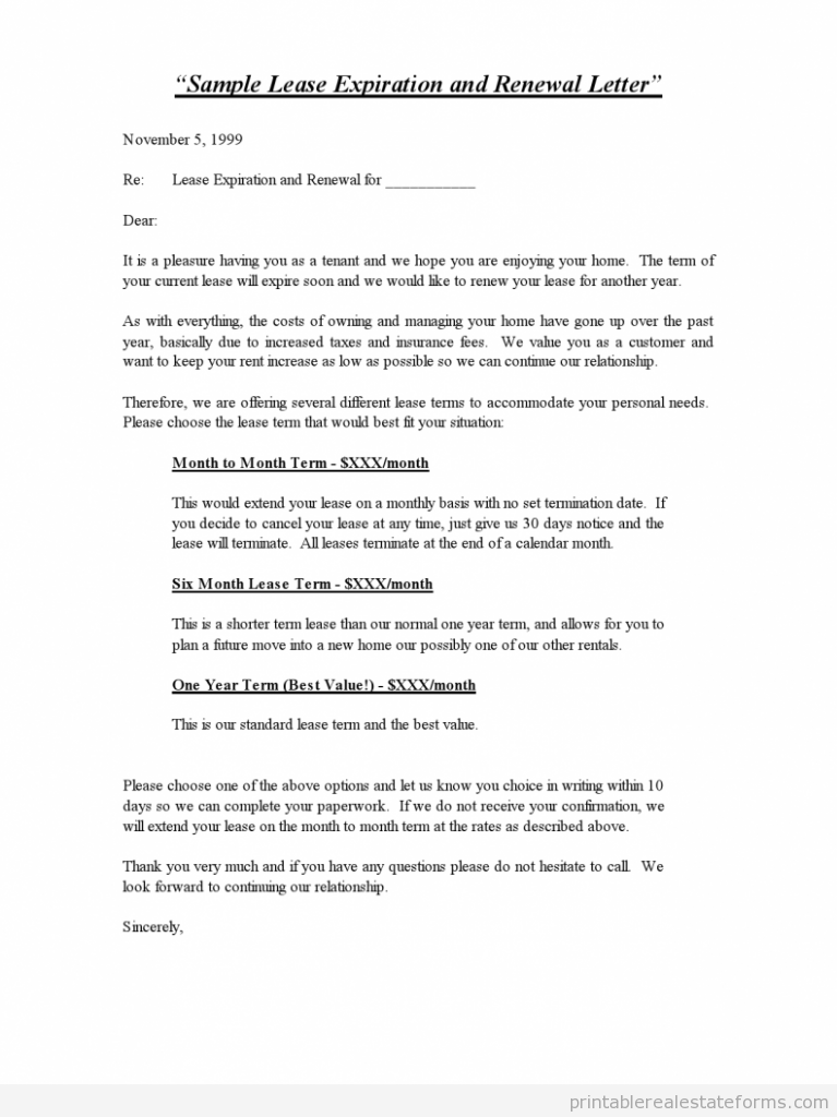 Sample Lease Expiration and Renewal Letter - Standard