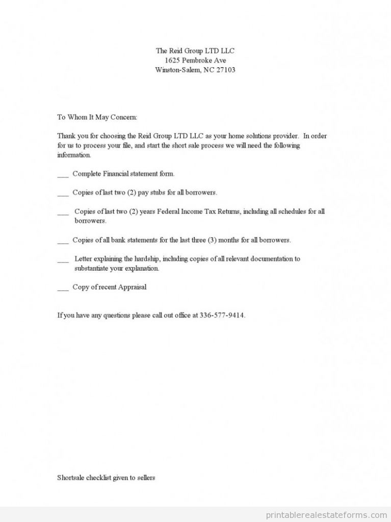 Shortsale checklist given to sellers