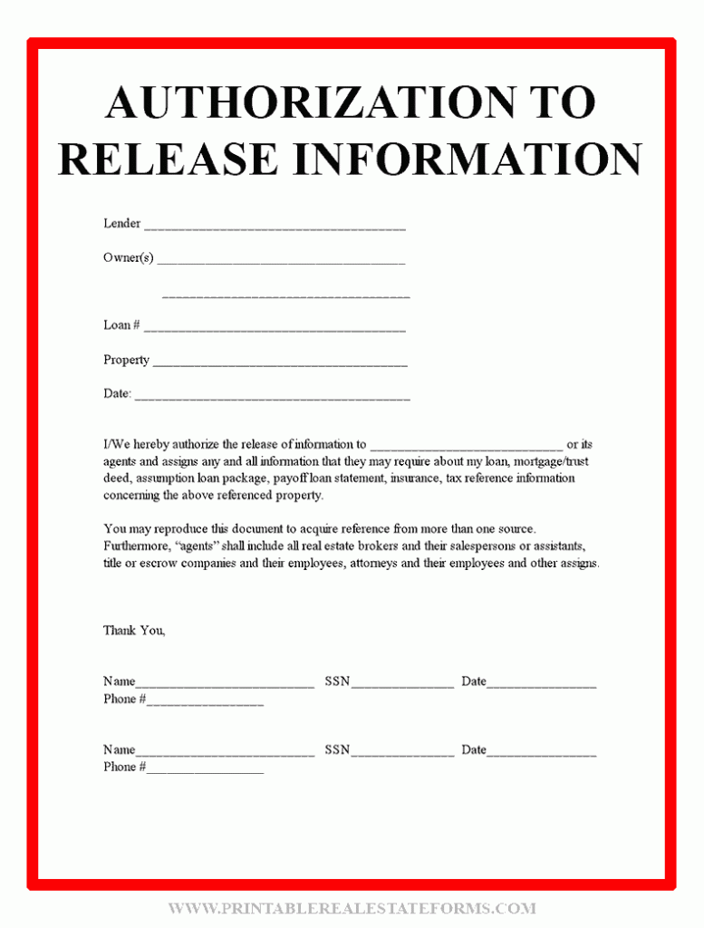 Sample Authorization To Release Information Template Form