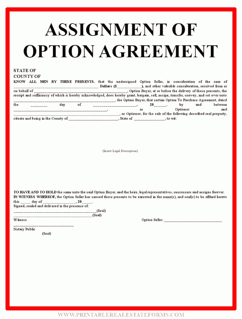 Sample Assignment Of Option Agreement Template Form