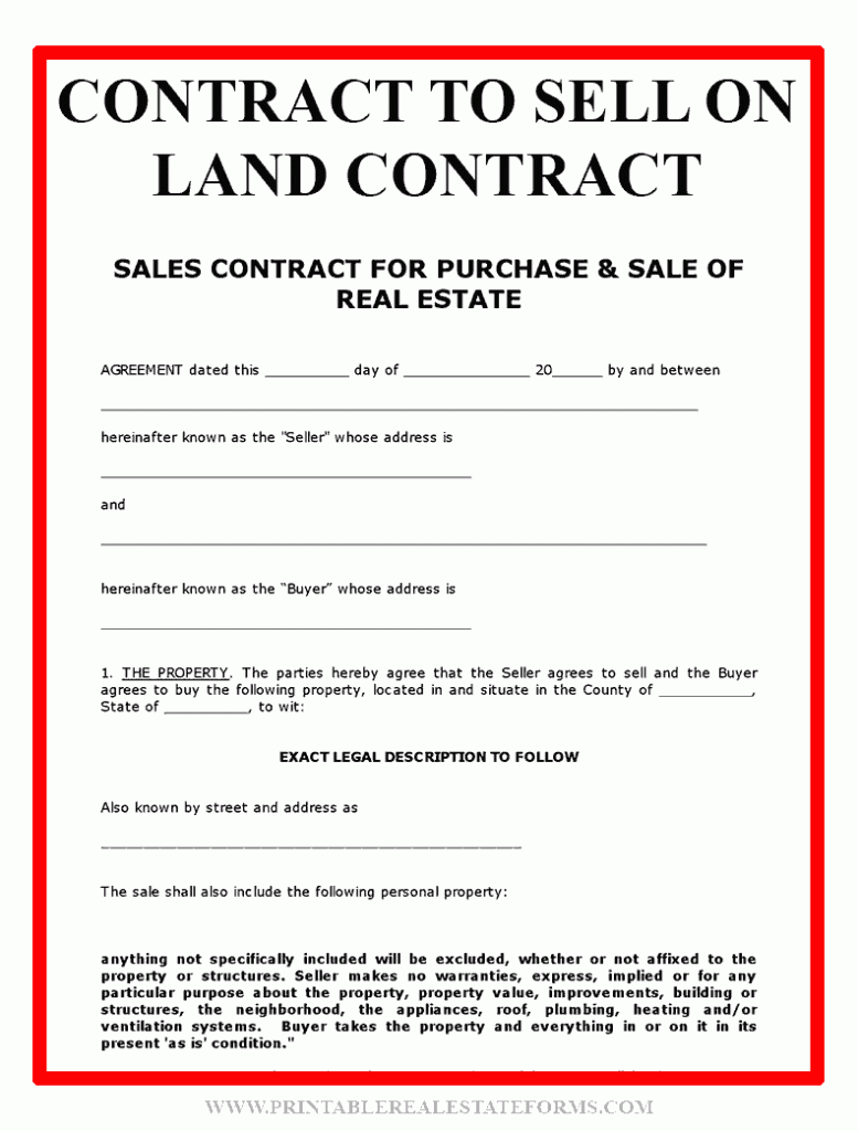 Sample Contract To Sell On Land Contract Template Form