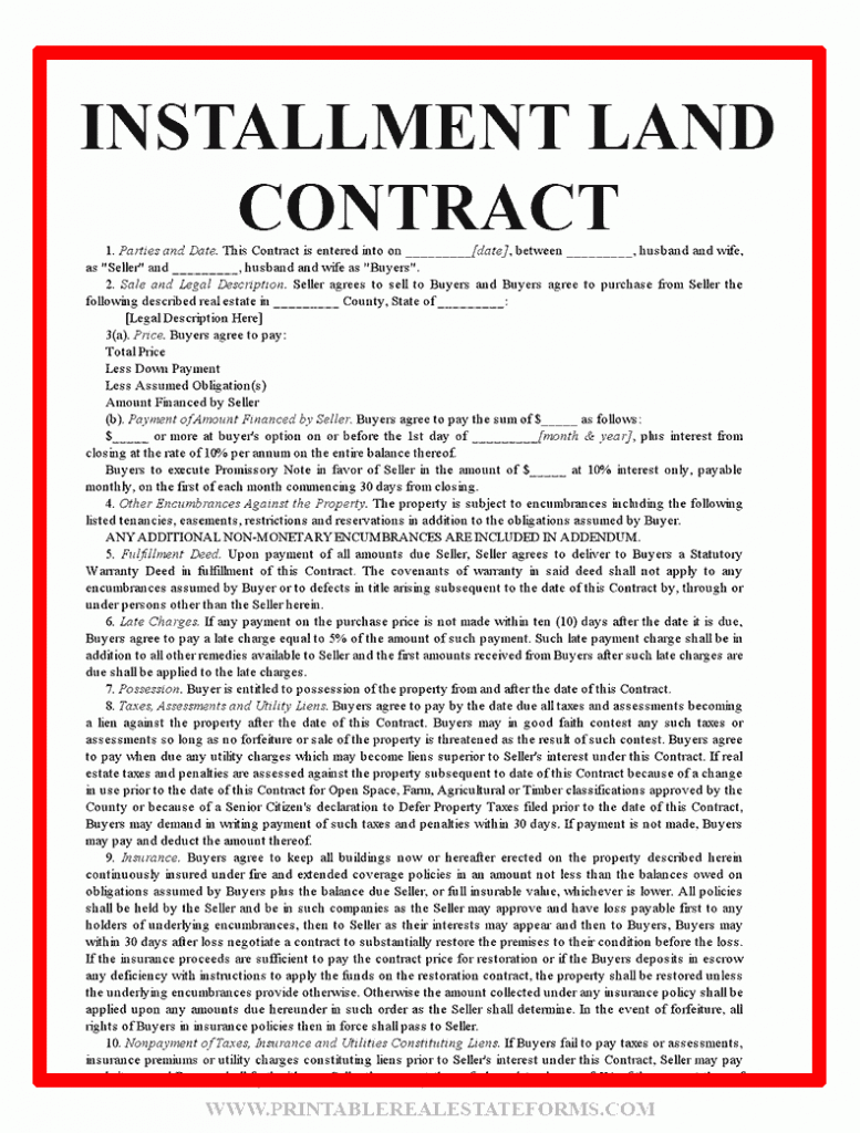 Sample Installment Land Contract Template Form