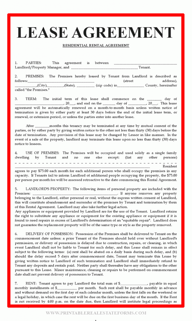 Sample Lease Agreement Template Form