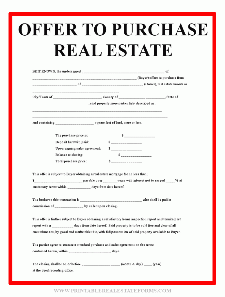Sample Offer To Purchase Real Estate Template Form