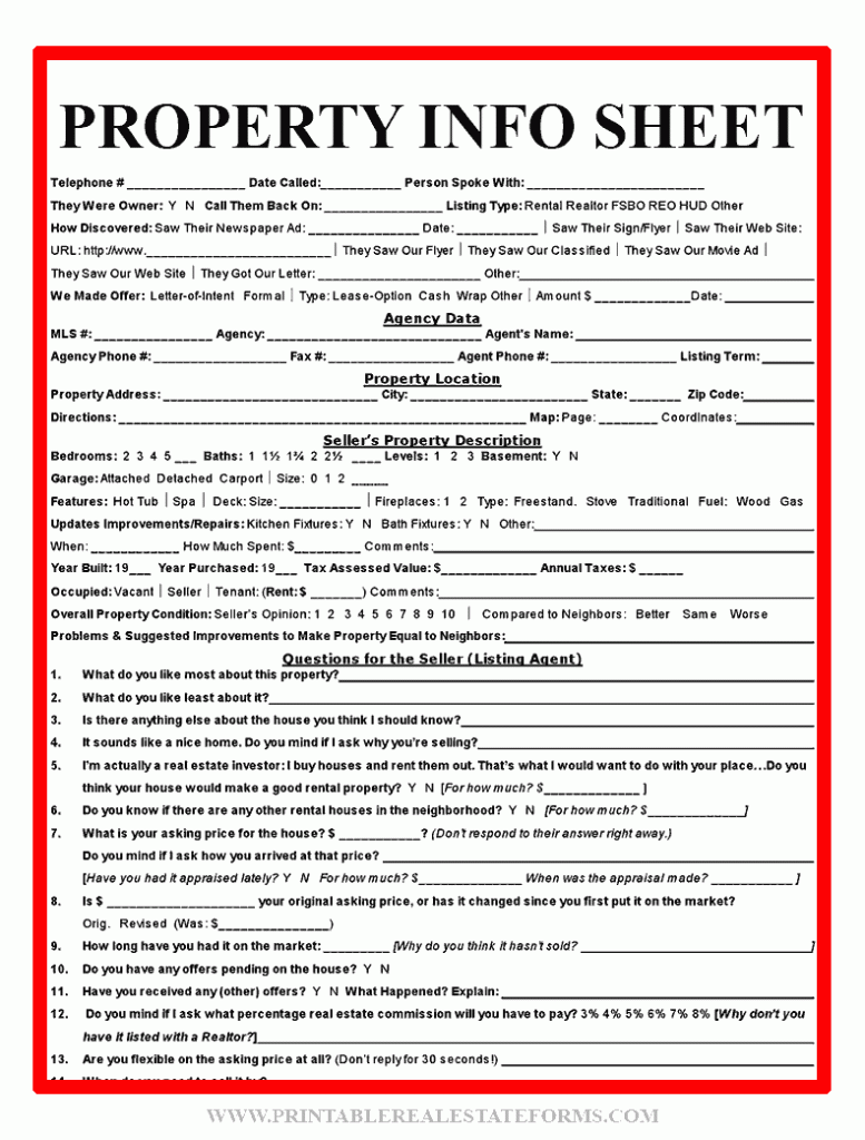 Sample Property Info Sheet Template Form