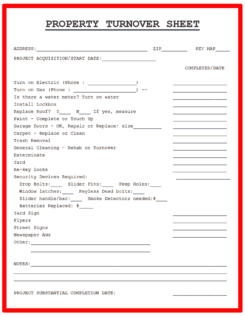 PROPERTY TURNOVER SHEET