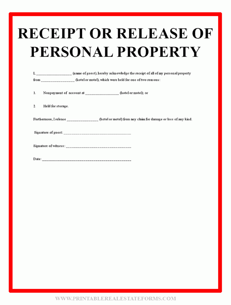 Sample Receipt Or Release Of Personal Property Template Form