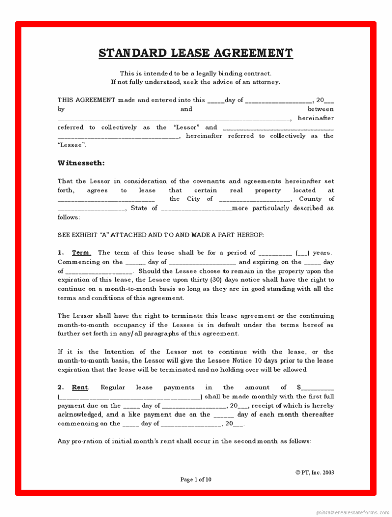 Sample standard lease agreement